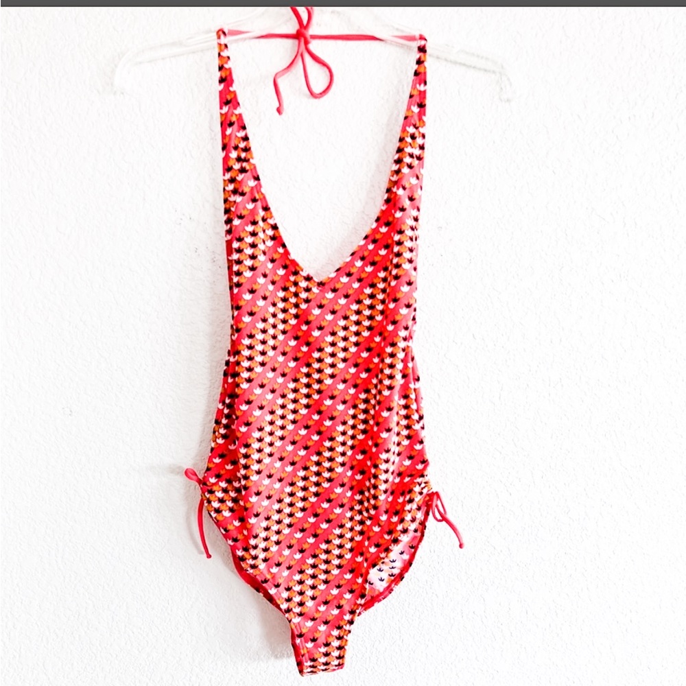 Adidas Coral Orange Logo Tie Y2K One Piece Swimsuit